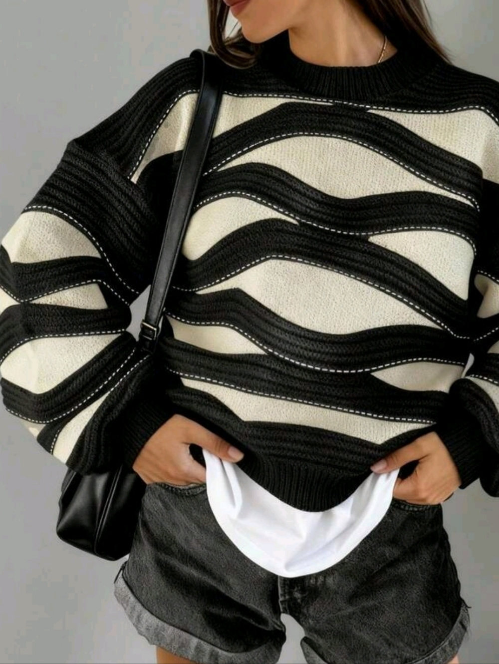 Black & Cream Wave Rib-Knit Sweater